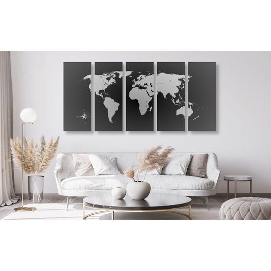 5-dílný obraz moderní mapa světa v černobílém provedení