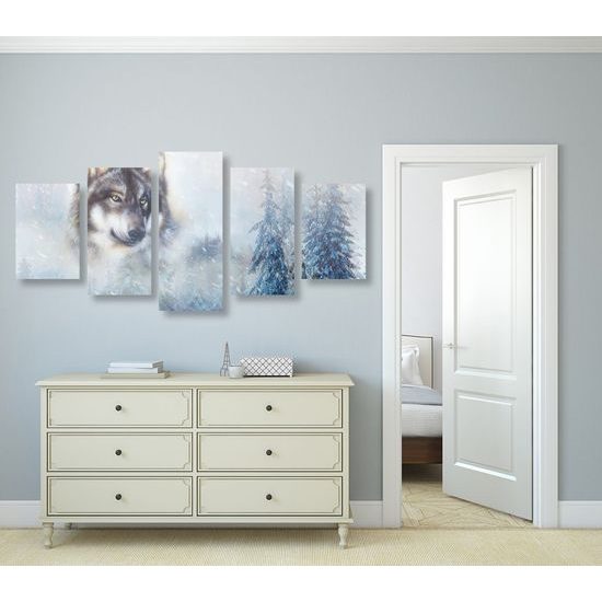 5-dílný obraz portrét vlka v uměleckém provedení