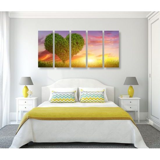 5-dílný obraz západ slunce za strom ve tvaru srdce