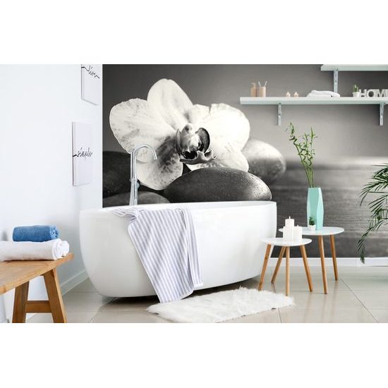 Samolepící fototapeta zen kameny s orchidejí v černobílém provedení