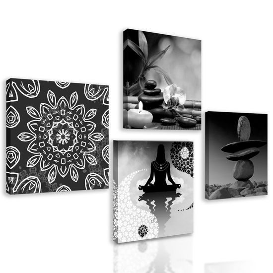 Set obrazů symboly Feng Shui v černobílém provedení