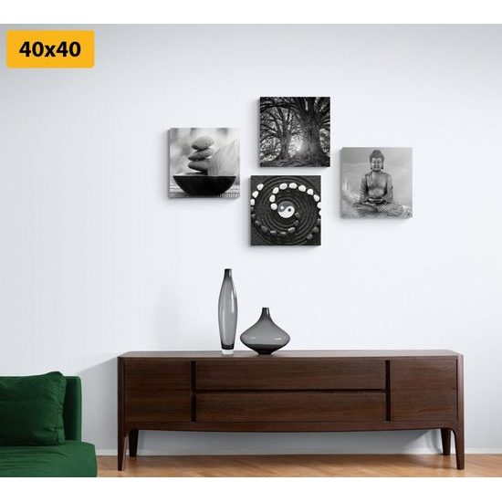 Set obrazů předměty Feng Shui v černobílém provedení