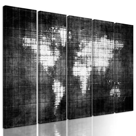 5-dílný obraz futuristická mapa světa v černobílém provedení