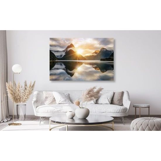 Obraz východ slunce nad jezerem na Novém Zélandu