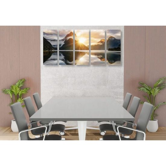 5-dílný obraz východ slunce nad jezerem na Novém Zélandu