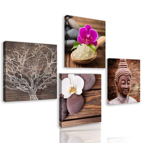 Set obrazů s motivem Feng Shui s dřevěným motivem