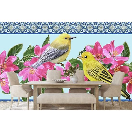 Tapeta žluté ptáčci na květinách s vintage nádechem