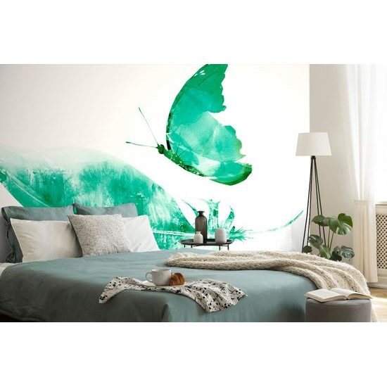 Tapeta zelený motýl s pírkem