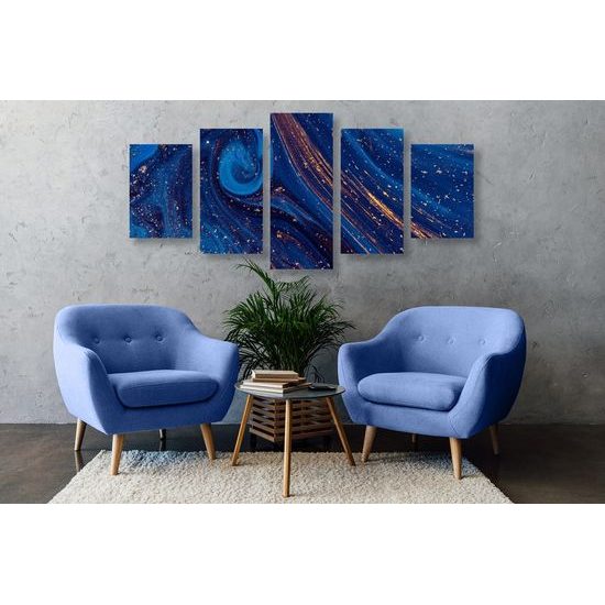 5-dílný obraz abstrakce v modře zlatých barvách