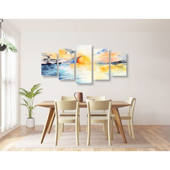 5-dílný obraz malba západu slunce nad mořem