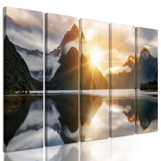 5-dílný obraz východ slunce nad jezerem na Novém Zélandu