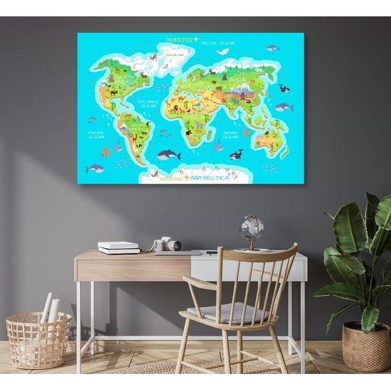 Obraz na korku mapa světa pro děti s kreslenými zvířátky