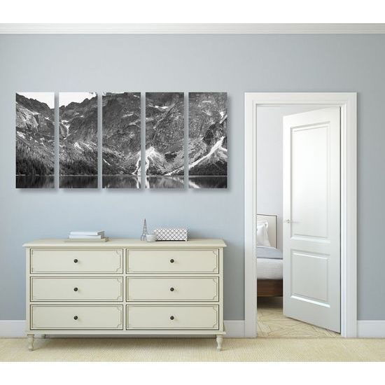 5-dílný obraz pleso v Tatrách v černobílém provedení