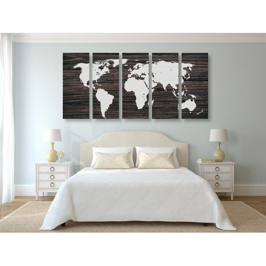 5-dílný obraz mapa světa na tmavém dřevěném podkladu