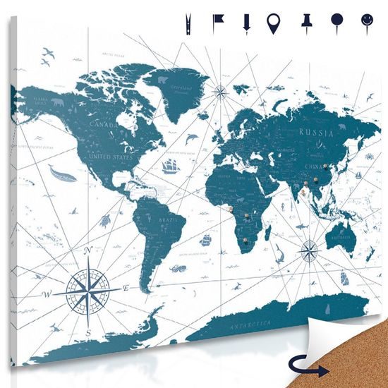 Obraz na korku mapa světa s historickým nádechem v modrém provedení