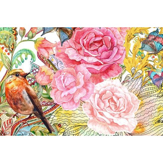 Obraz ptáček a pivoňky ve vintage provedení