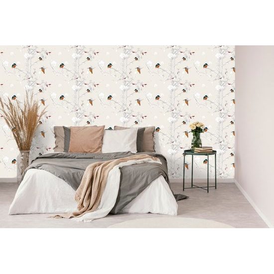 Samolepící tapeta ptáčci v šípkových keřích na béžovém pozadí