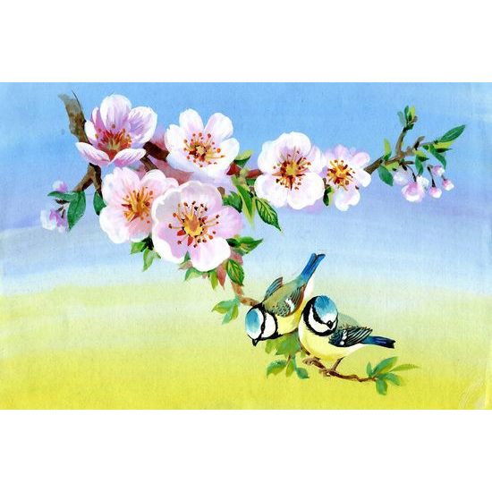 Samolepící tapeta sýkorky sedící na větvičku s květinami