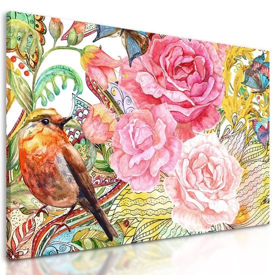 Obraz ptáček a pivoňky ve vintage provedení