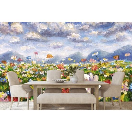 Samolepící tapeta olejomalba louky plné květin