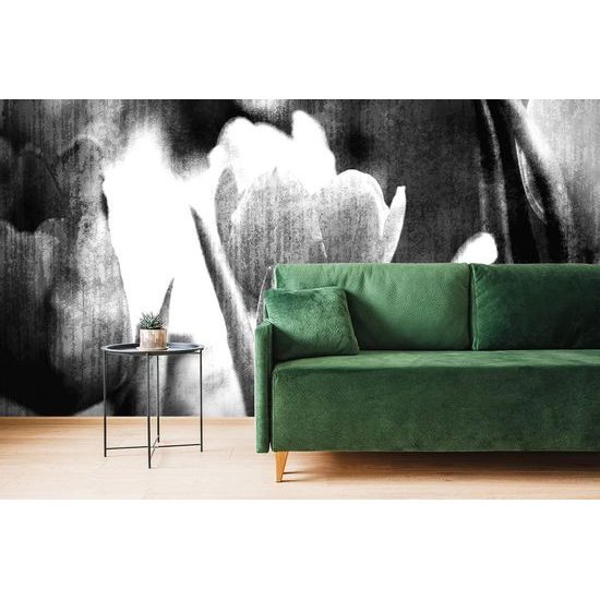 Zajímavá černobílá tapeta tulipány v retro provedení