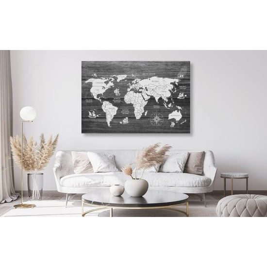 Obraz černobílá mapa světa s dřevěným pozadím