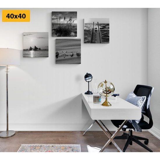 Set obrazů písečná pláž v černobílém provedení