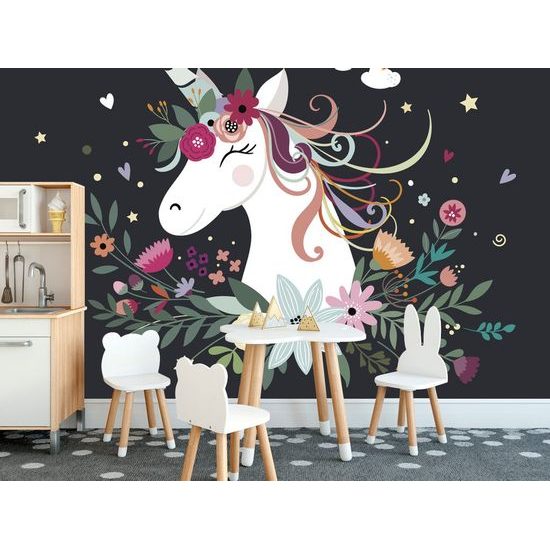 Tapeta krásný jednorožec na květinovém pozadí