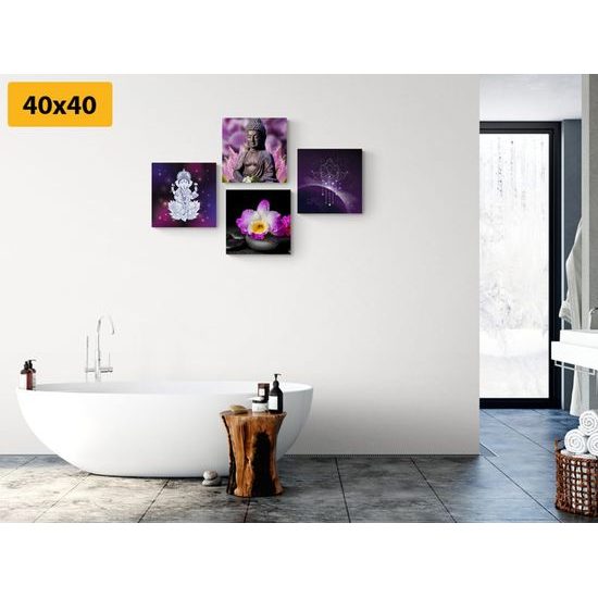 Set obrazů symboly Feng Shui ve fialových barvách