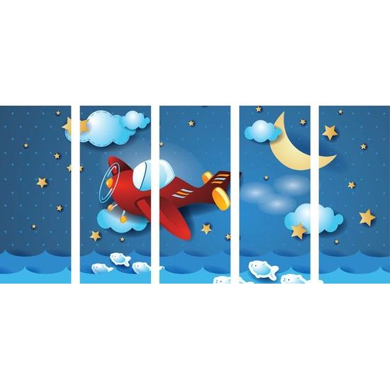 5-dílný obraz let letadélka noční oblohou
