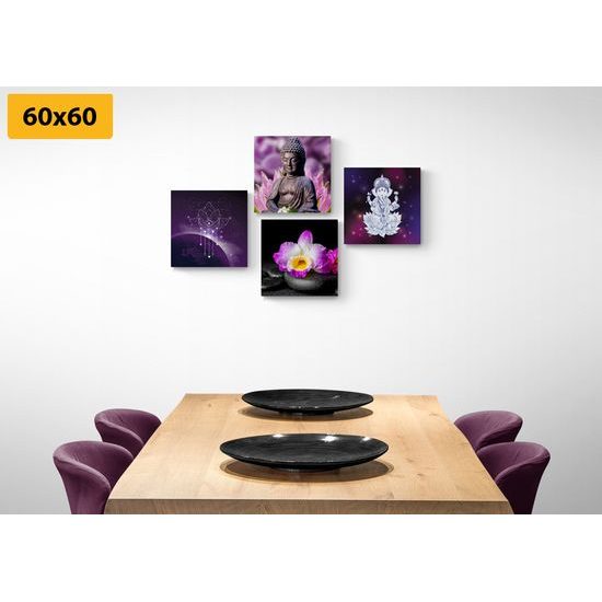 Set obrazů symboly Feng Shui ve fialových barvách