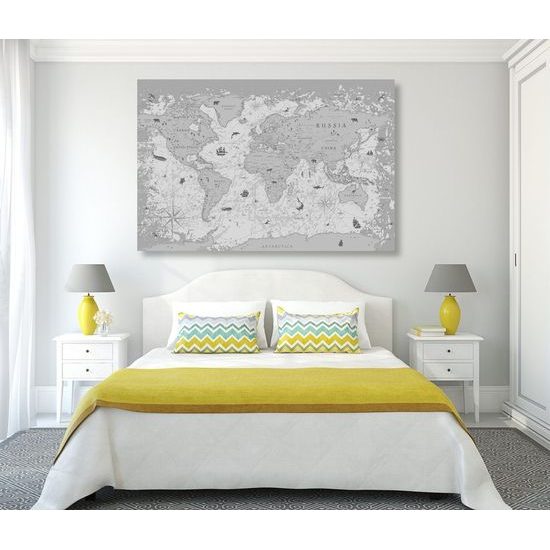 Obraz mapa světa s historickým nádechem v černobílém provedení