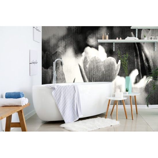 Zajímavá černobílá samolepící tapeta tulipány v retro provedení