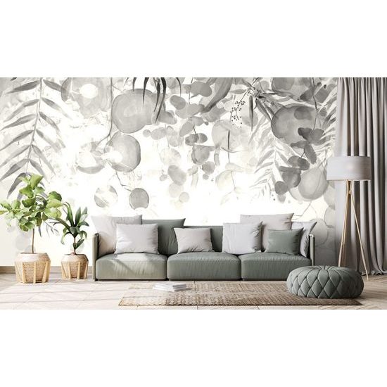 Samolepící tapeta něžné tropické listy v černobílém provedení