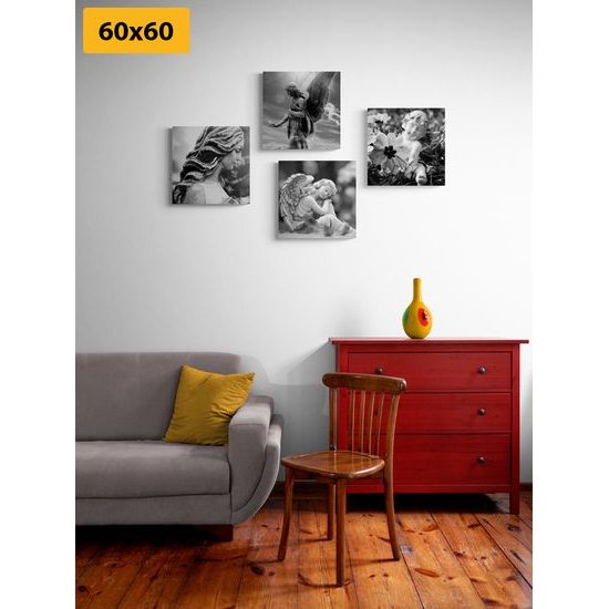 Set obrazů nádherný anděl v černobílém provedení