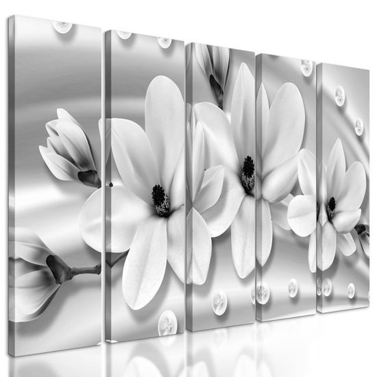 5-dílný obraz černobílé luxusní květiny na bronzovém pozadí
