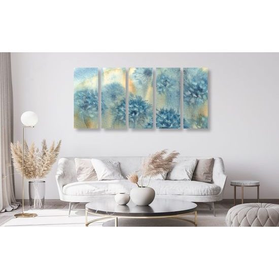 5-dílný obraz akvarelová malba pampelišky v odstínech modré