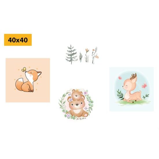 Set obrazů zvířátka v pastelových barvách