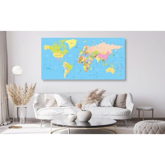 Obraz na korku přehledná mapa světa na modrém pozadí