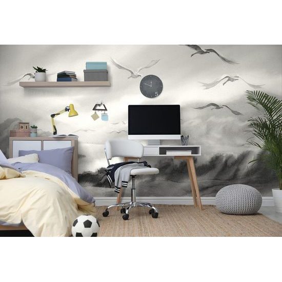 Tapeta odlétající ptáci nad jezerem v černobílém provedení