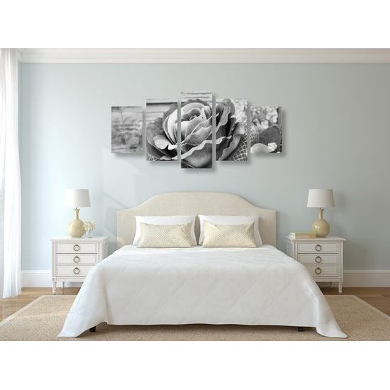 5-dílný obraz nádherná růžová růže v černobílém provedení