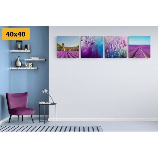 Set obrazů levandulová pole s fialovou abstrakcí