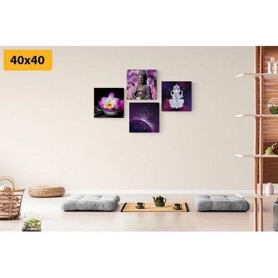 Set obrazů symboly Feng Shui ve fialových barvách