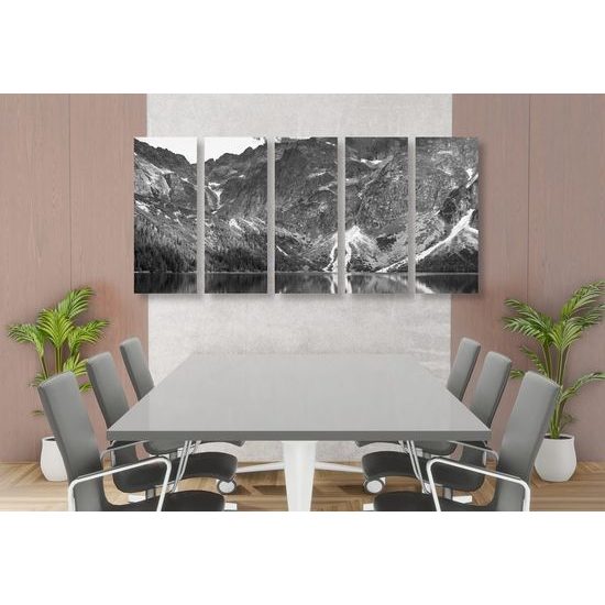 5-dílný obraz pleso v Tatrách v černobílém provedení