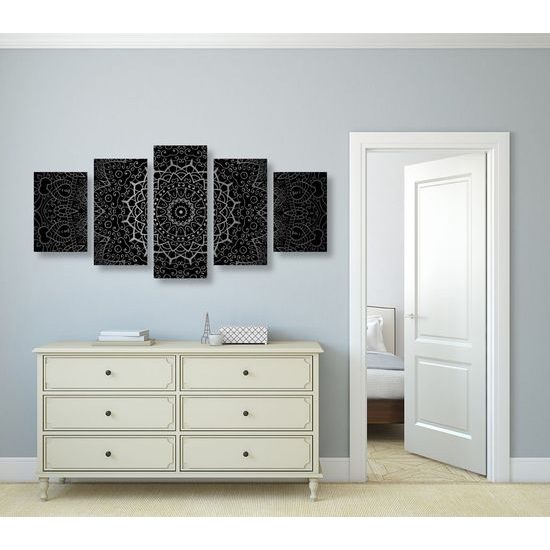 5-dílný obraz elegantní Mandala v černobílém provedení