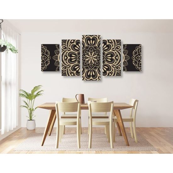 5-dílný obraz nevšední Mandala na černém pozadí
