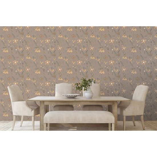 Tapeta malované květiny v hnědém provedení