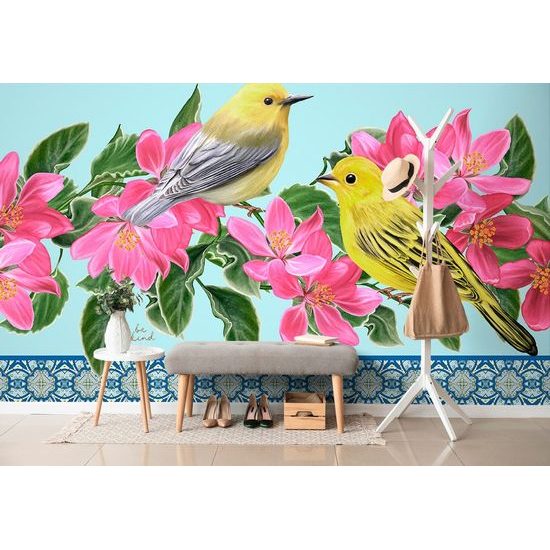 Tapeta žluté ptáčci na květinách s vintage nádechem