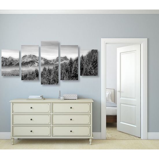 5-dílný obraz zamrzlý les v černobílém provedení