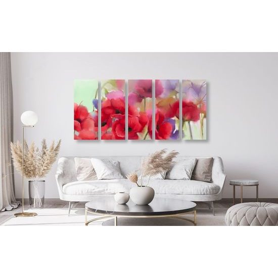 5-dílný obraz krásně malované máky